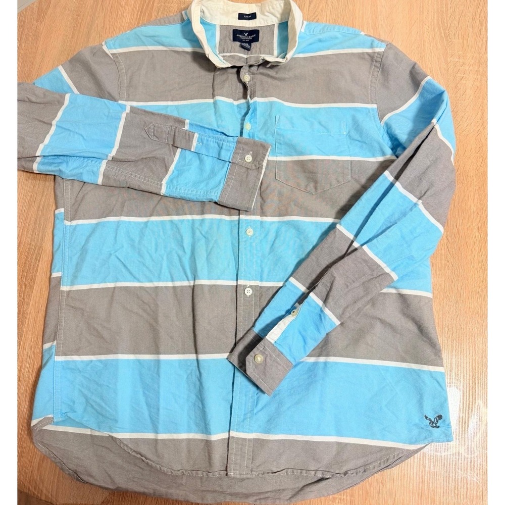 American Eagle Outfitters Slim Fit Button Up Shirt Mens Large Blue Gray Striped - Picture 2 of 8